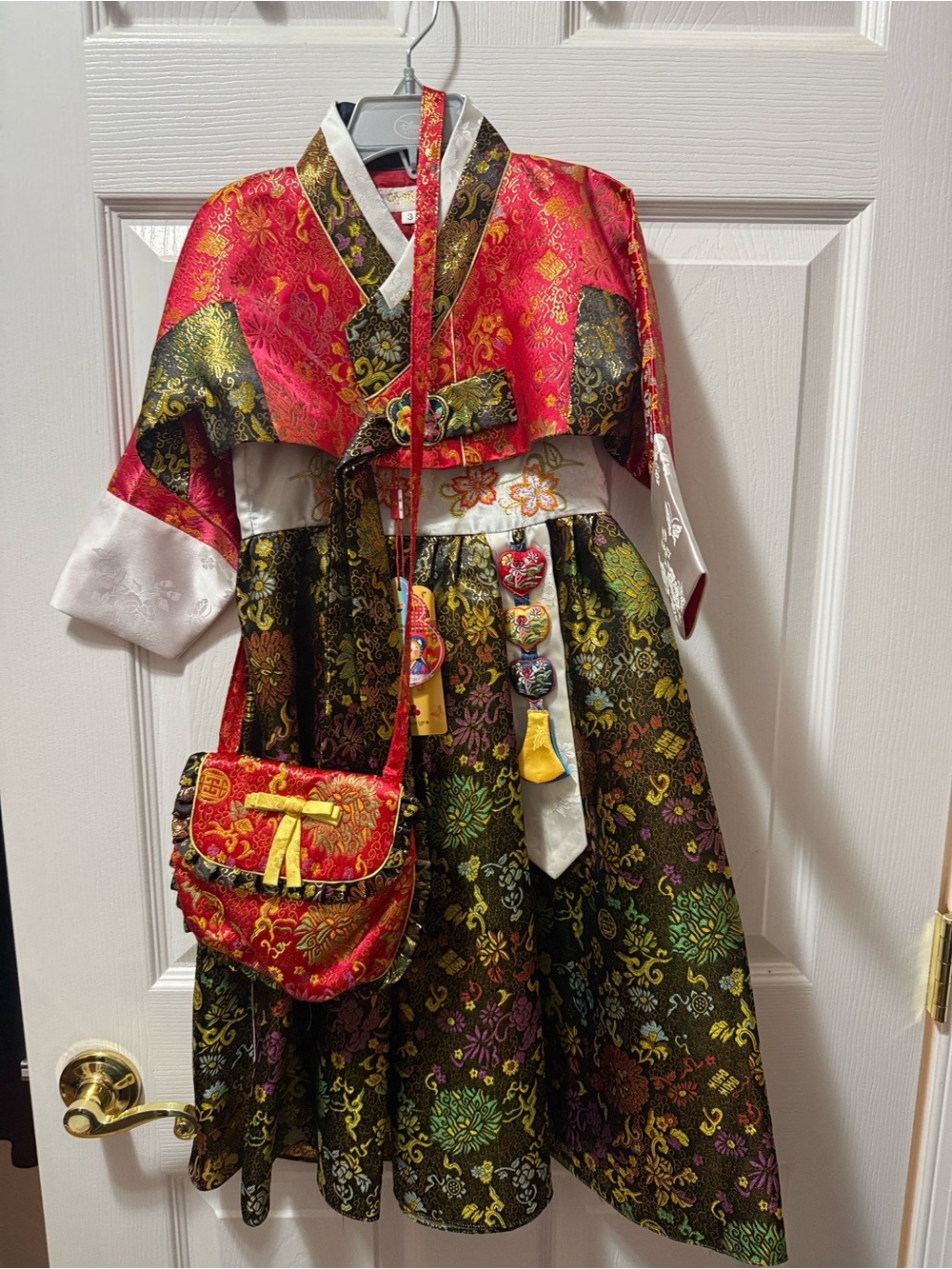 Traditional Kids Hanbok Dress in Red, Green and Gold